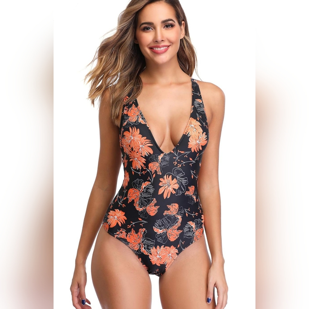 Marinavida One-Piece Swimsuit  Dark Navy with Orange Floral NWOT